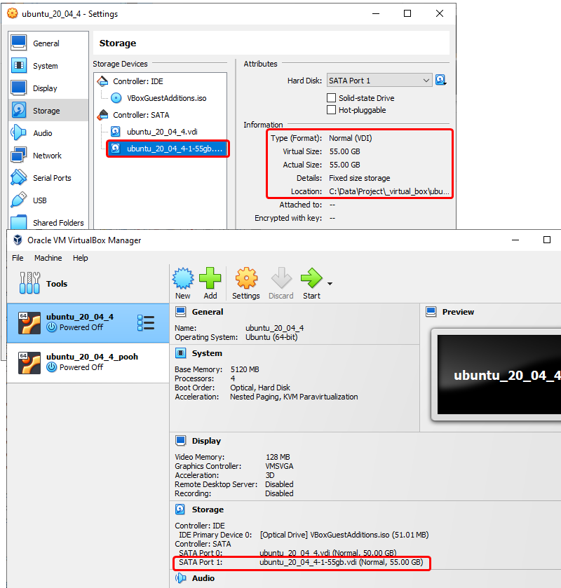 Oracle VM VirtualBox Manager - Ubuntu VM に追加されたハードディスクを確認する
