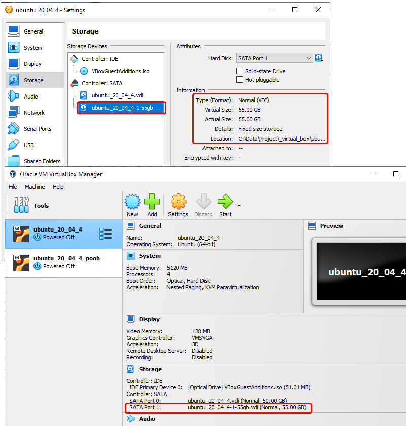Oracle VM VirtualBox Manager - Check hard disks added to Ubuntu VM
