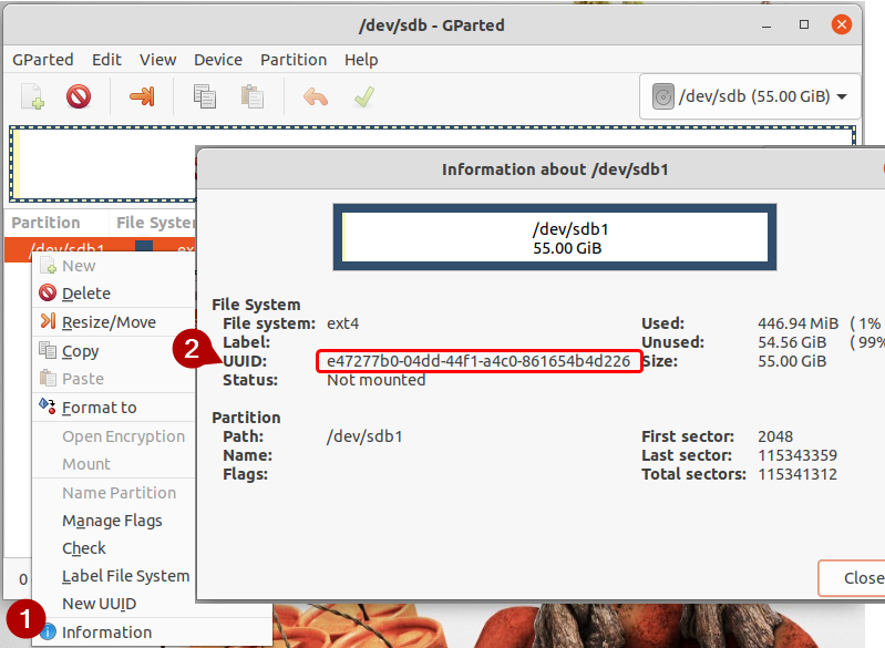 Ubuntu VM - GParted - ディスク パーティションの UUID を確認する