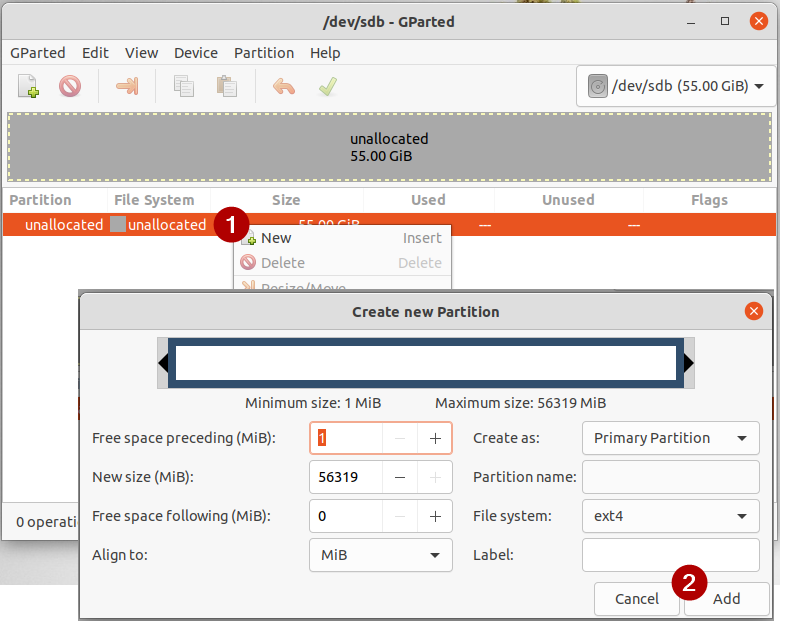 Ubuntu VM - GParted - Create partition with ext4 file system