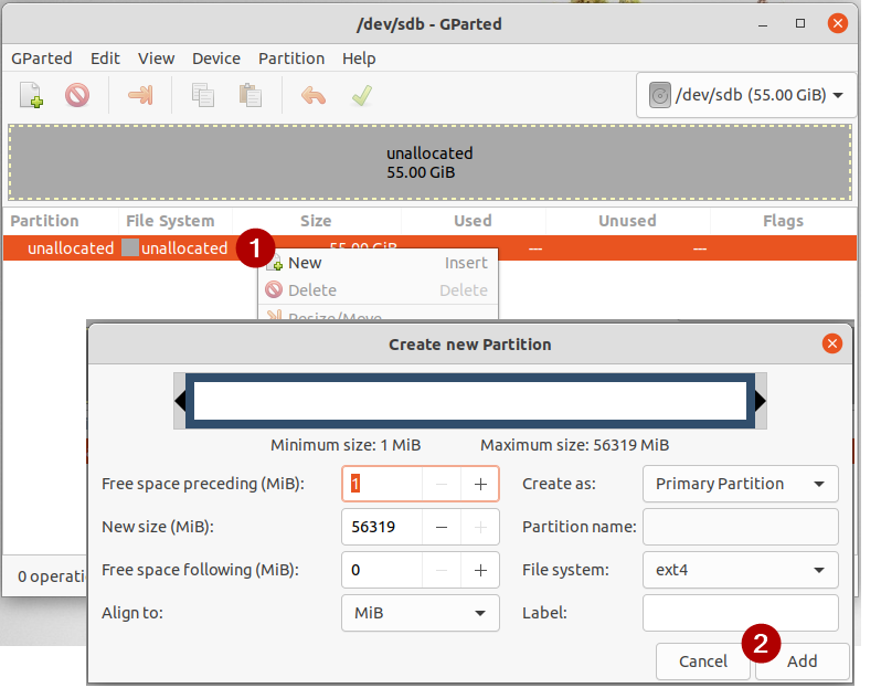 Ubuntu VM - GParted - ext4 ファイル システムでパーティションを作成する