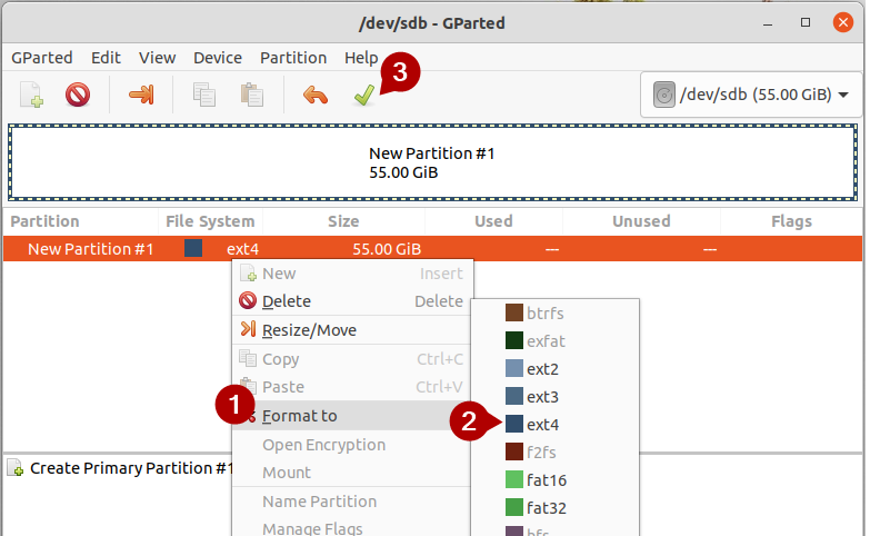 Ubuntu VM - GParted - パーティションを ext4 にフォーマットする