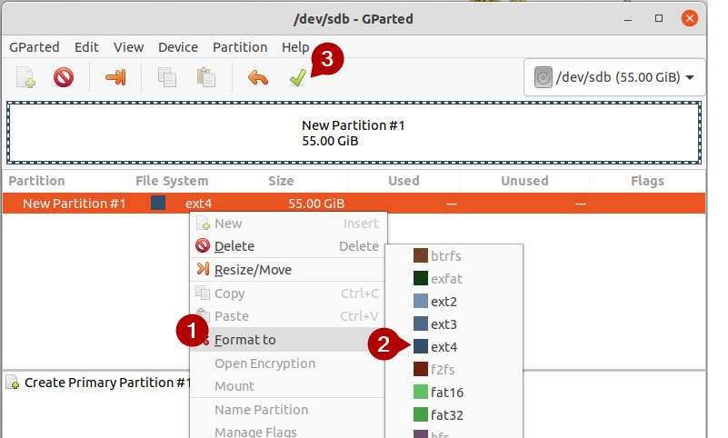 Ubuntu VM - GParted - Format partition to ext4