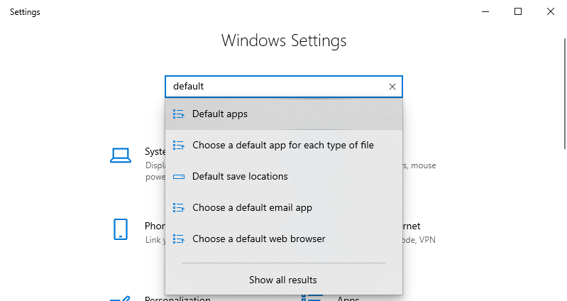 Windows 設定 - `デフォルト`を検索