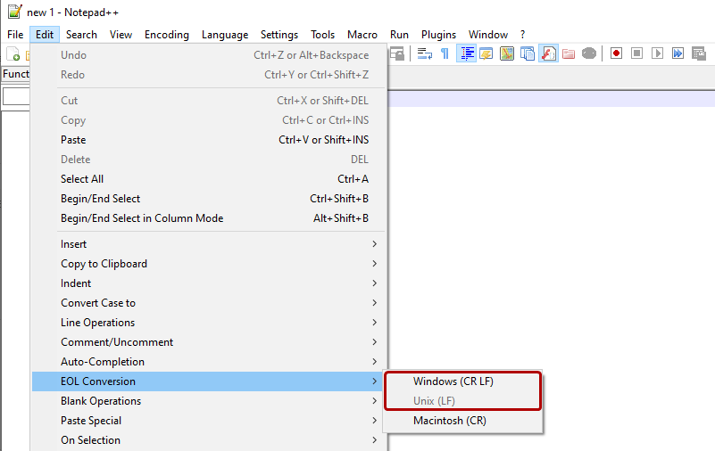 Notepad++ - EOL 変換 - `編集 > EOL 変換 > Windows (CR LF) または Unix (LF)`