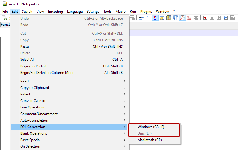 Notepad++ - EOL 转换 - `编辑 > EOL 转换 > Windows (CR LF) 或 Unix (LF)`