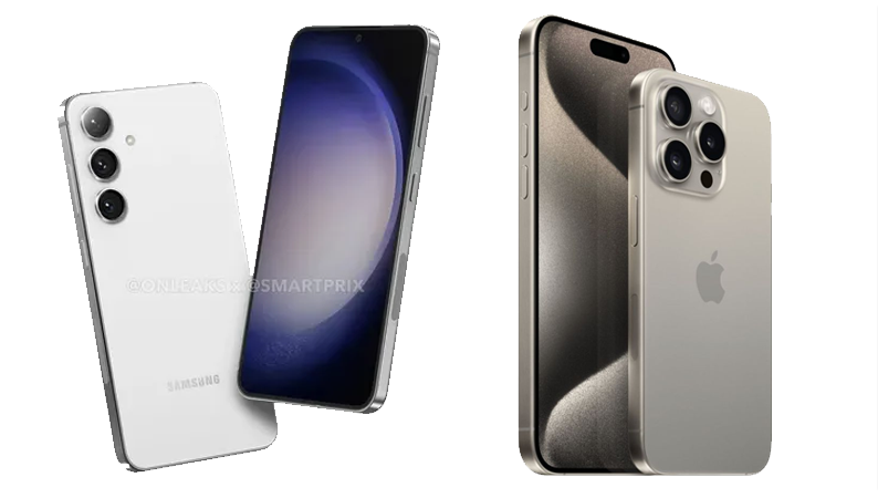 左边是 IT 爆料者`OnLeaks`发布的 Galaxy S24 的预期渲染图，右边是 iPhone 15 Pro。