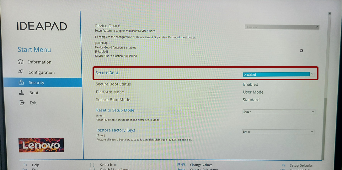 BIOS > 安全 > 安全启动 > 已禁用