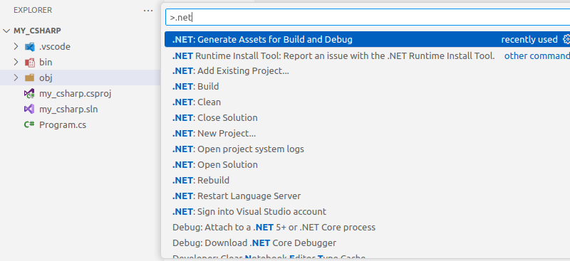 Visual Studio Code - コマンド パレット...(Ctrl + Shift + P) - .NET: ビルドおよびデバッグ用のアセットの生成