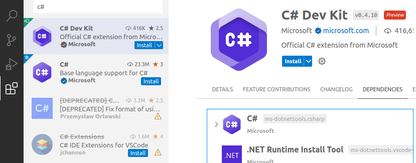 Visual Studio Code - 拡張機能 - `C# 開発キット`
