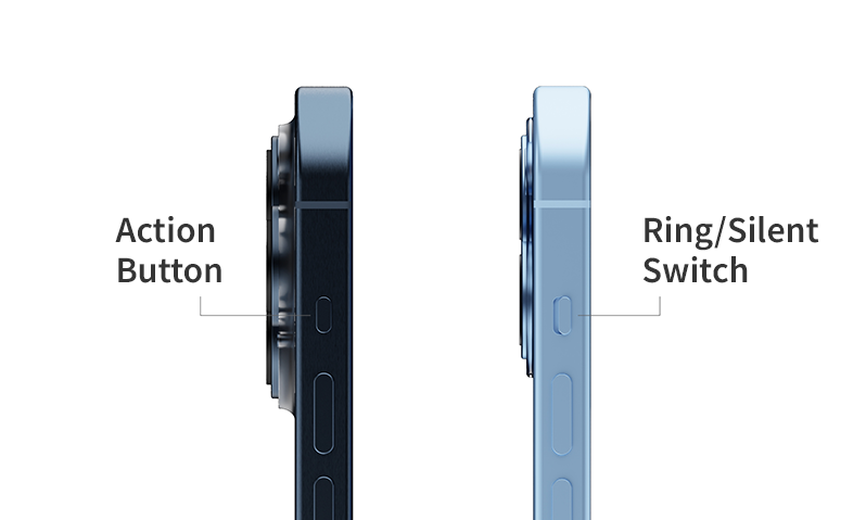 iPhone 15 - サイドボタン - 左側が Pro、右側が通常