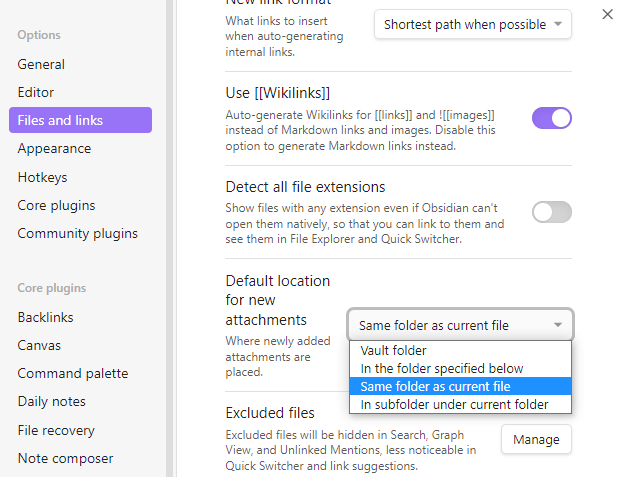 Obsidian - 設定 - ファイルとリンク - 新しい添付ファイルのデフォルトの場所 - `現在のファイルと同じフォルダー`を選択します