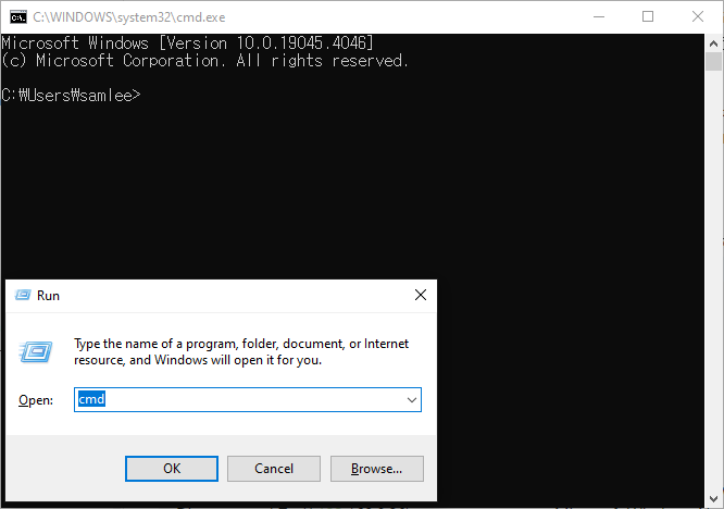 `Windows + R`ショートカットを実行> `cmd`入力>確認
