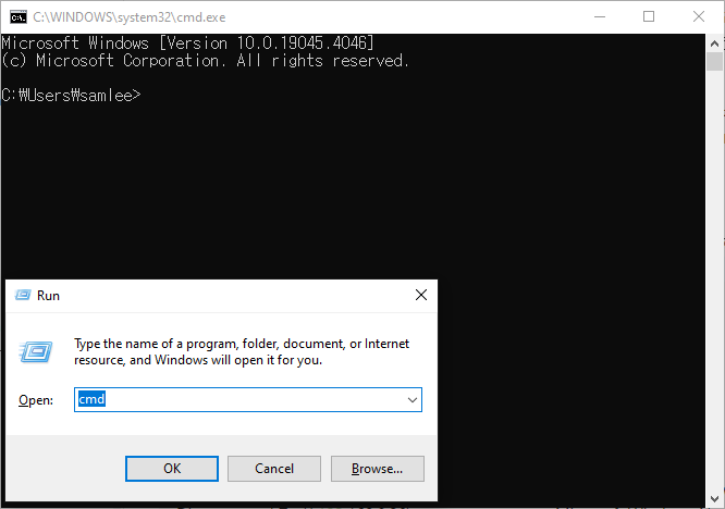 Run the `Windows + R` shortcut > Enter `cmd` > OK