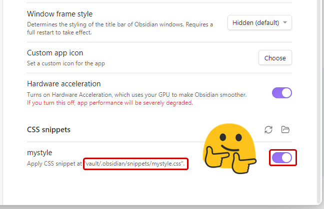 Obsidian - Theme (Appearance) - Enable CSS snippets
