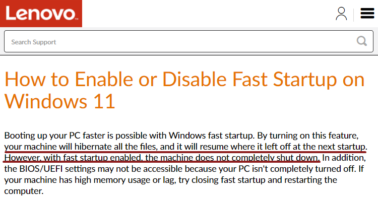 Lenovo site - Description of Windows 11’s ‘fast startup’ function