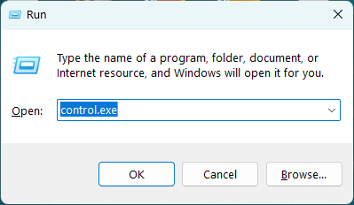 `Windows + R`ショートカット - 実行 - `control.exe`実行